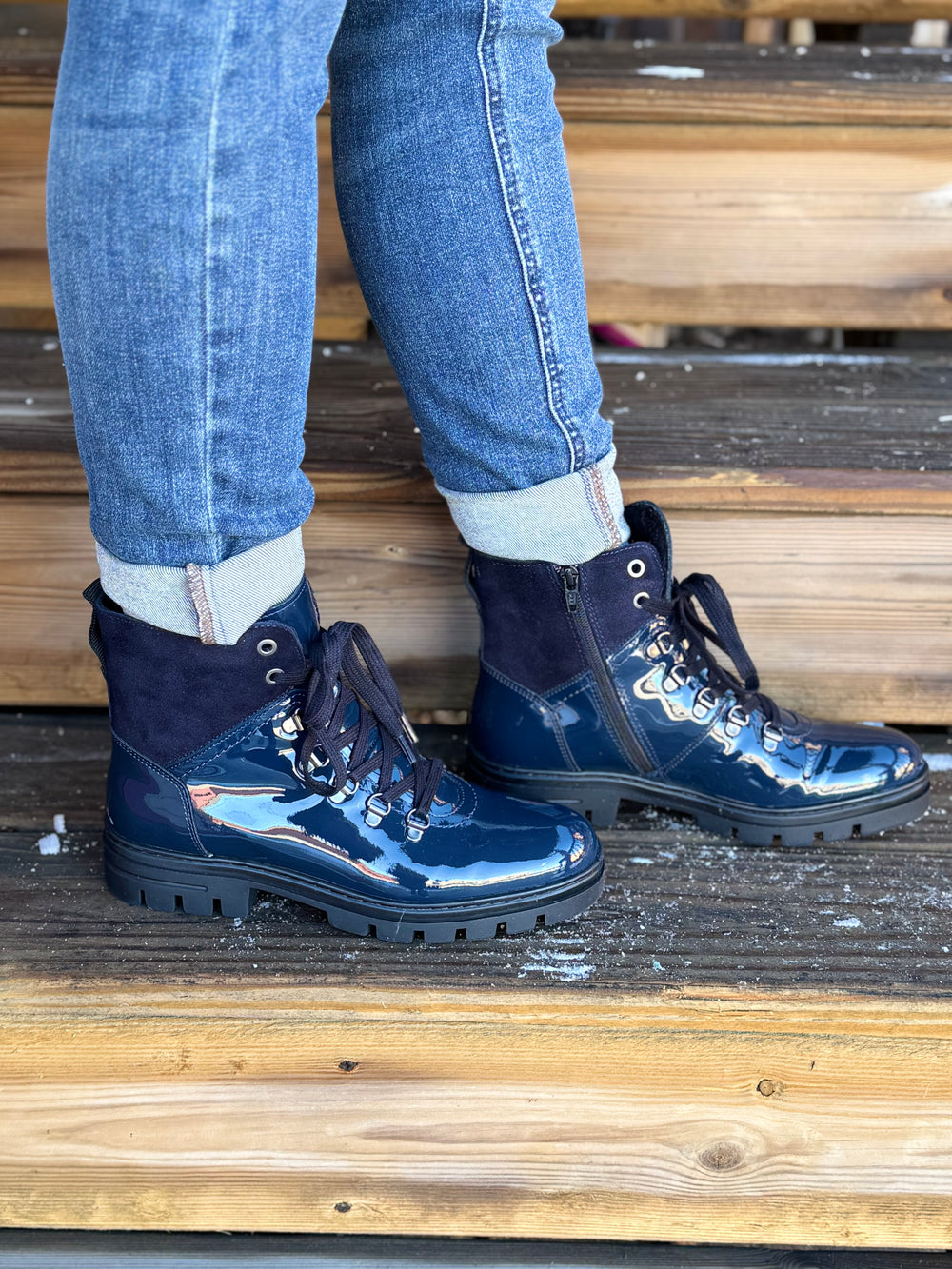 NAVY DONNA PATENT BOOTS
