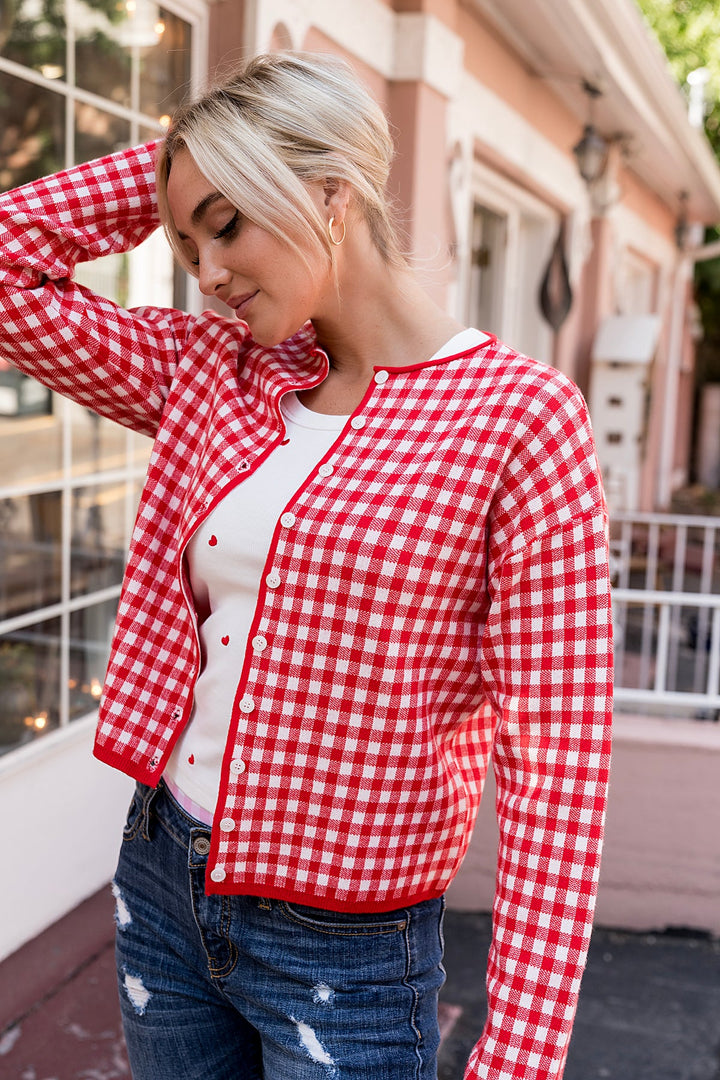RED GINGHAM CARDIGAN