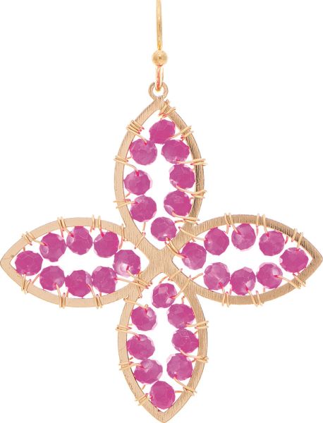 Gold Pink Bead Wrapped Clover Earrings
