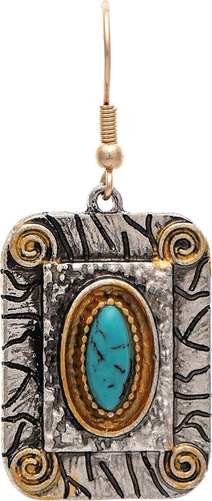 Two Tone Turquoise Engraved Rectangle Frame Earrings