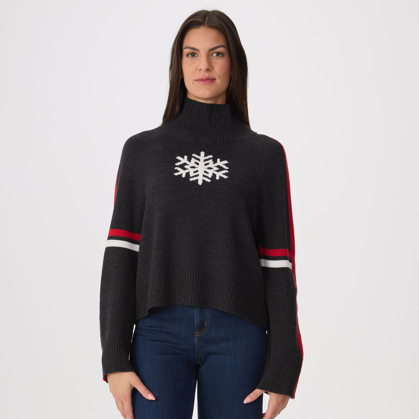 WREN HEATHER BLACK MOCK NECK SNOWFLAKE SWEATER