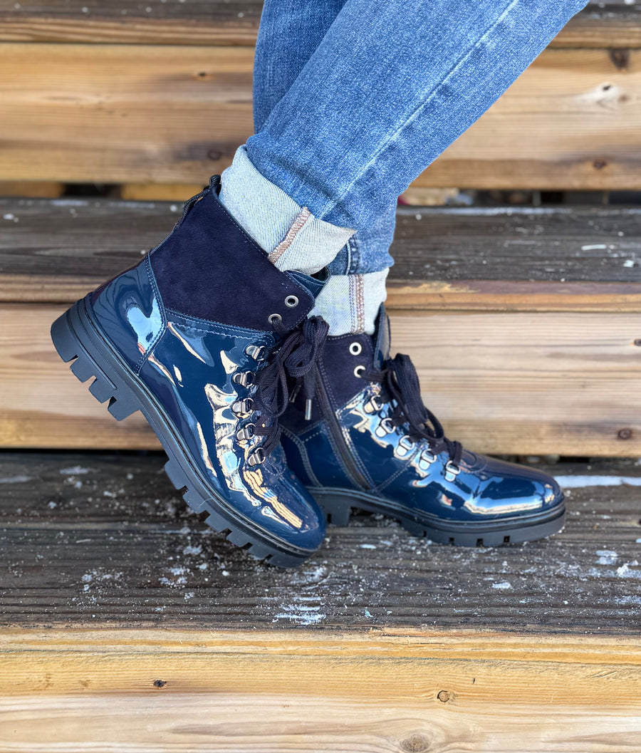 NAVY DONNA PATENT BOOTS
