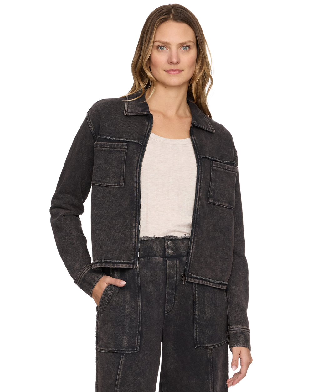 CHARLOTTE WASHED BLACK FRENCH TERRY JACKET
