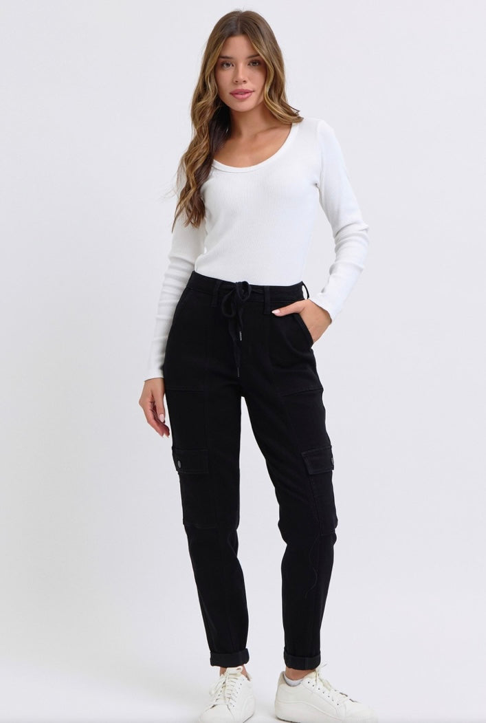 BLACK MEGAN HIGH WAIST CARGO CUFFED JOGGER