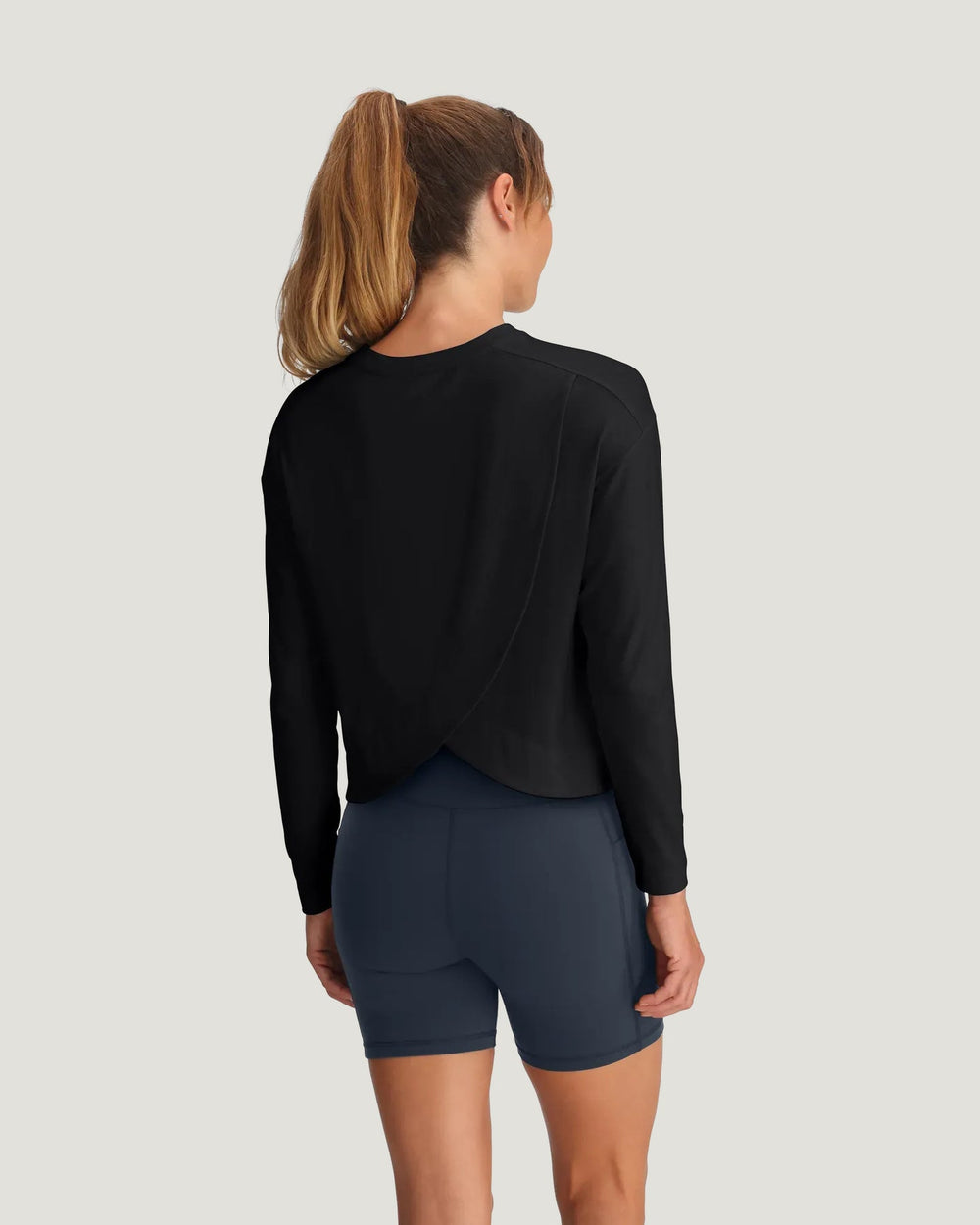 BLACK BAMBOO SHADE CROSSOVER LONG SLEEVE TOP
