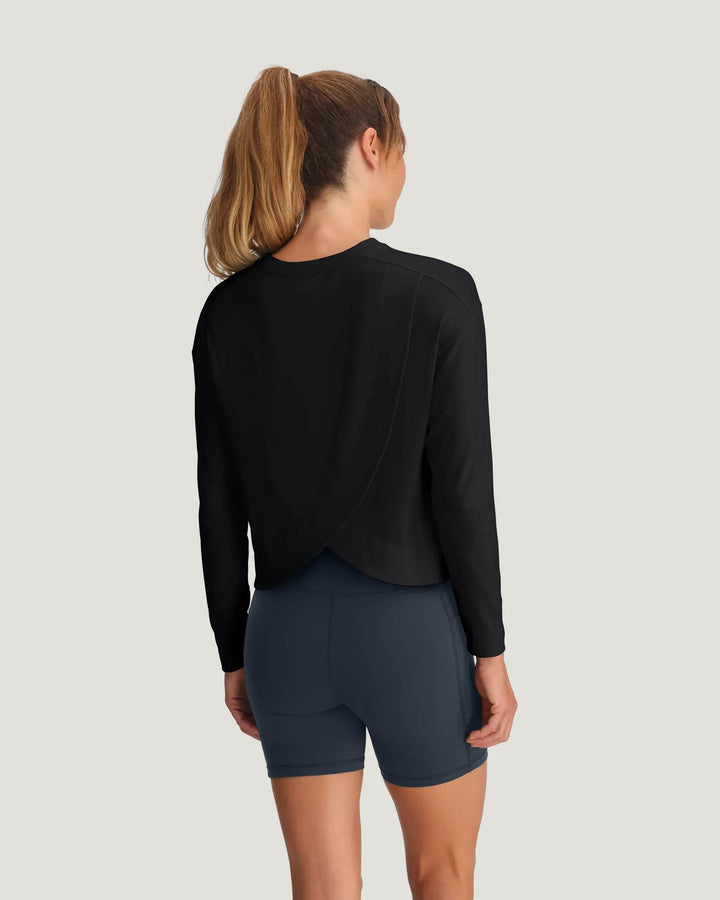 BLACK BAMBOO SHADE CROSSOVER LONG SLEEVE TOP