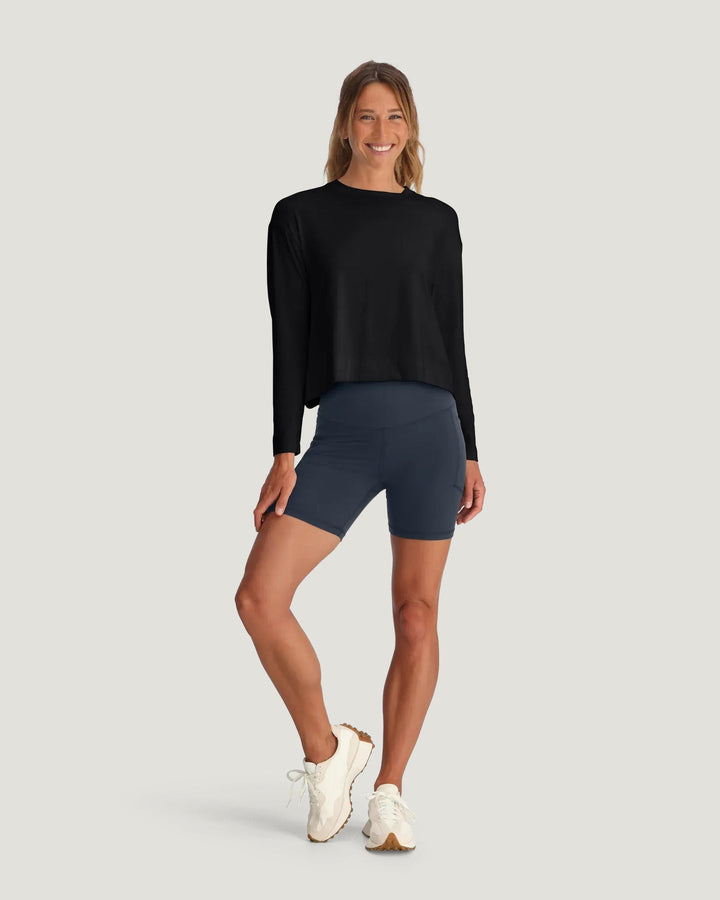 BLACK BAMBOO SHADE CROSSOVER LONG SLEEVE TOP