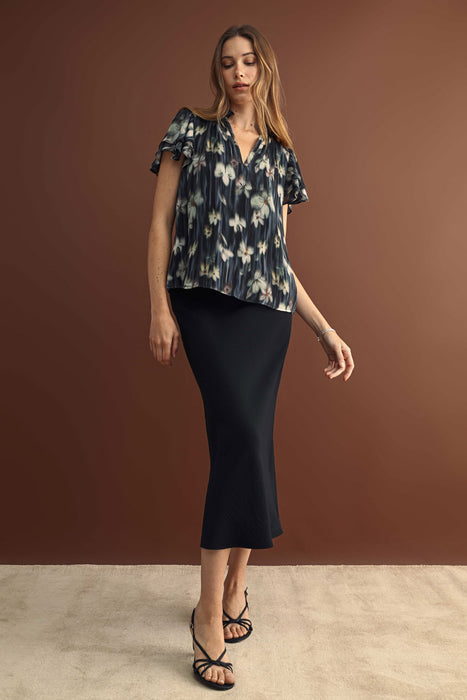 NAVY FLORAL PRINT CHIFFON RUFFLE TOP