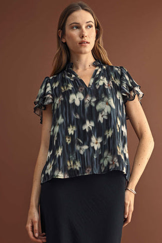 NAVY FLORAL PRINT CHIFFON RUFFLE TOP