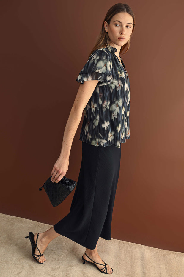 NAVY FLORAL PRINT CHIFFON RUFFLE TOP