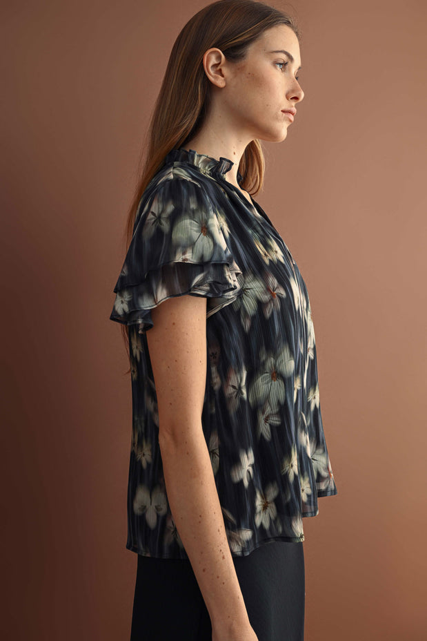 NAVY FLORAL PRINT CHIFFON RUFFLE TOP