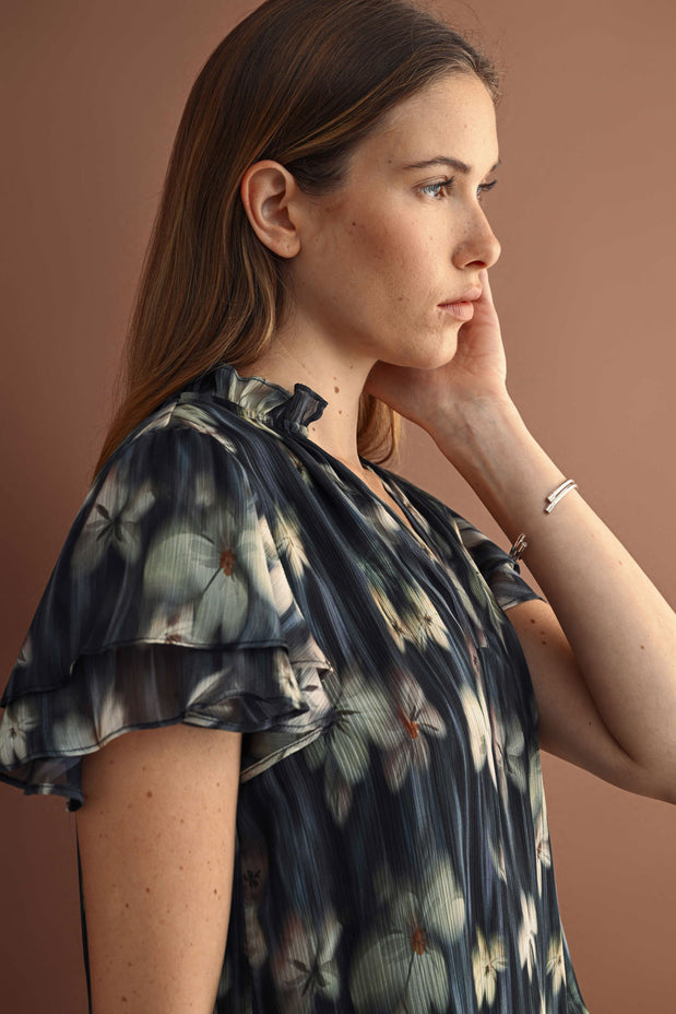 NAVY FLORAL PRINT CHIFFON RUFFLE TOP