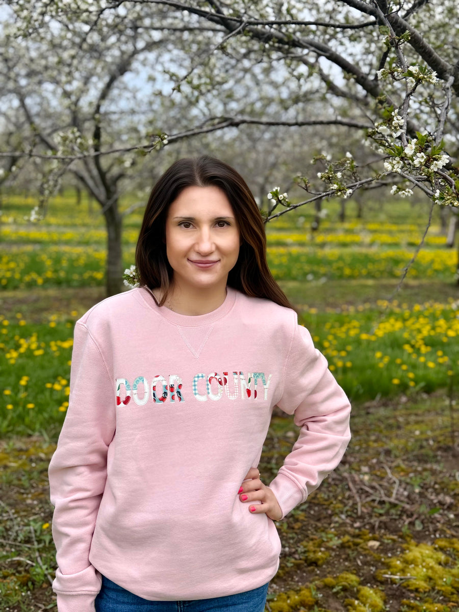 LOTUS DOOR COUNTY CHERRY PRINT APPLIQUE CREW SWEATSHIRT
