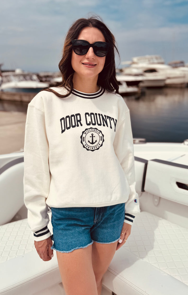 CREAM/MIDNIGHT DOOR COUNTY REVERSE WEAVE CREW SWEATSHIRT