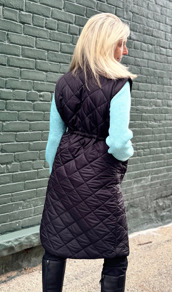 BLACK ZOE LONG QUILTED VEST WITH DRAWSTRING WAIST