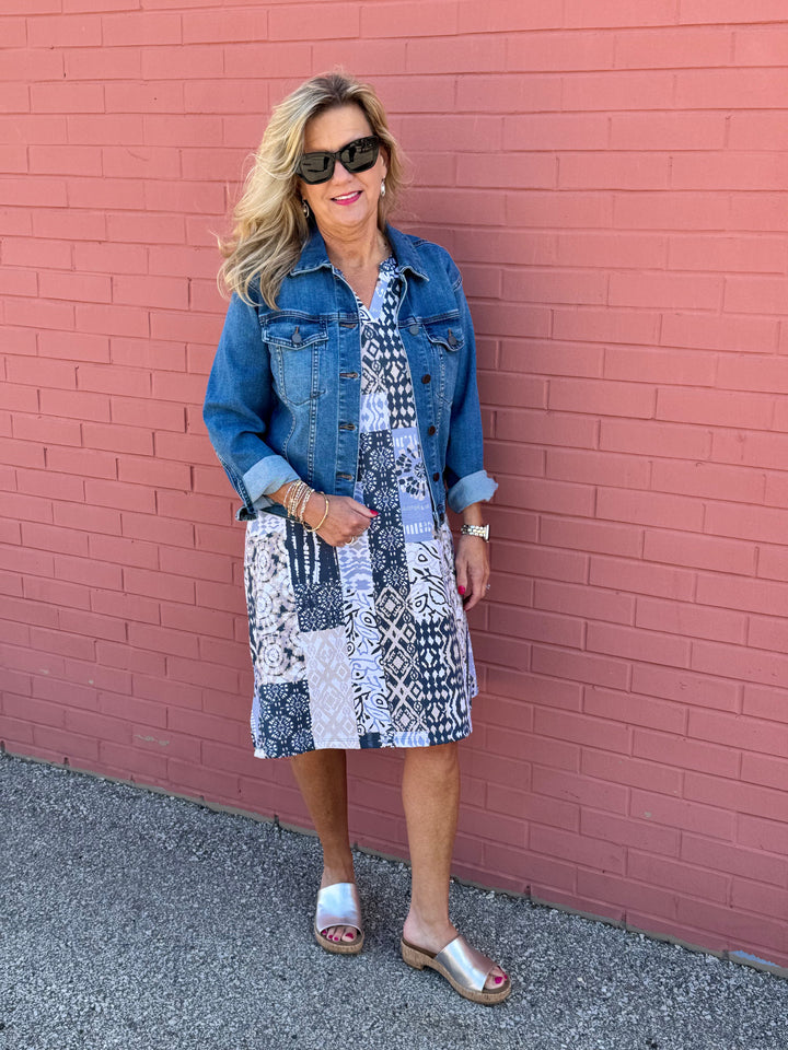 AUDRA GREY & TAN SLEEVELESS PRINT DRESS