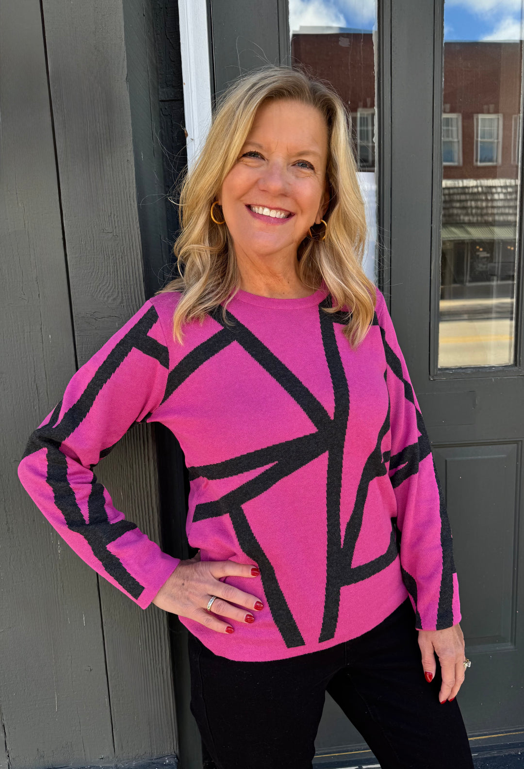 PINK & CHARCOAL GEOMETRIC LINES CREWNECK SWEATER