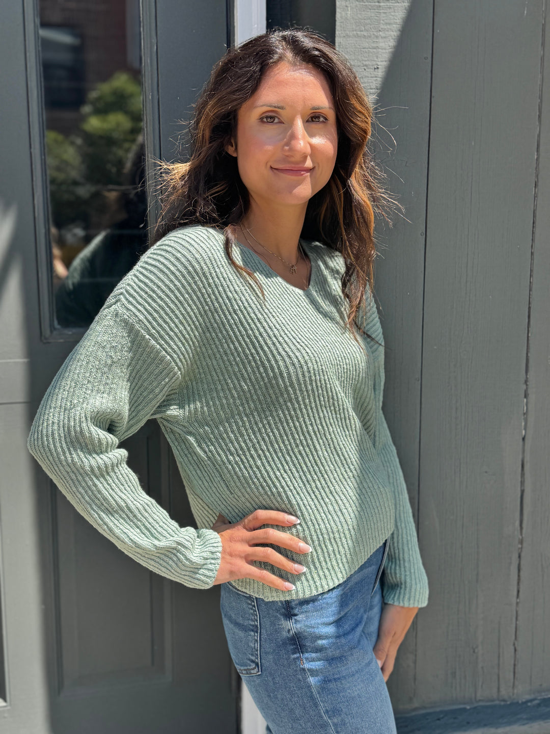 MAGGIE CELADON DROP SHOULDER V-NECK SWEATER