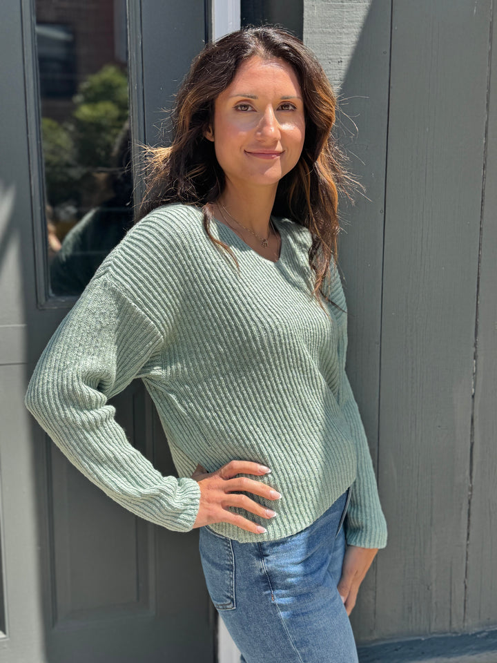 MAGGIE CELADON DROP SHOULDER V-NECK SWEATER