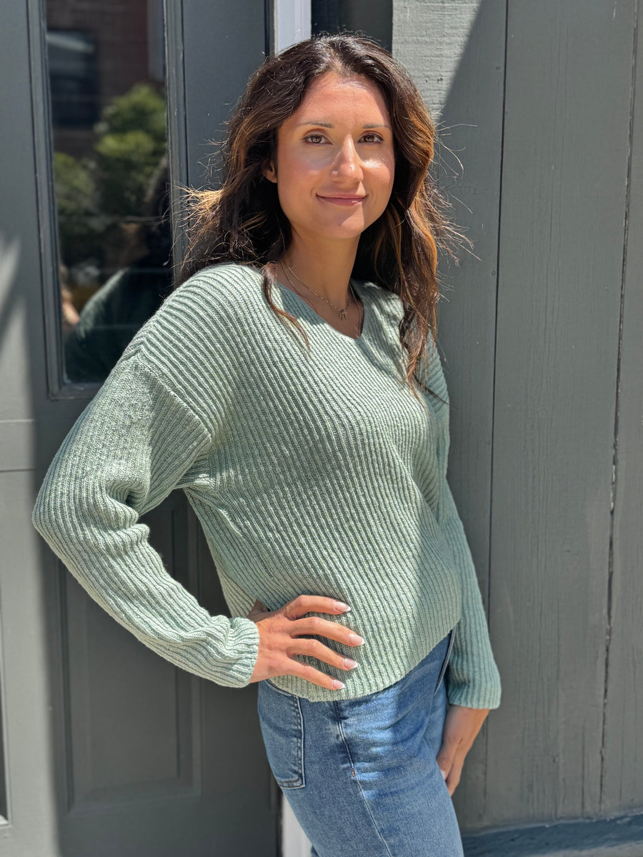 MAGGIE CELADON DROP SHOULDER V-NECK SWEATER
