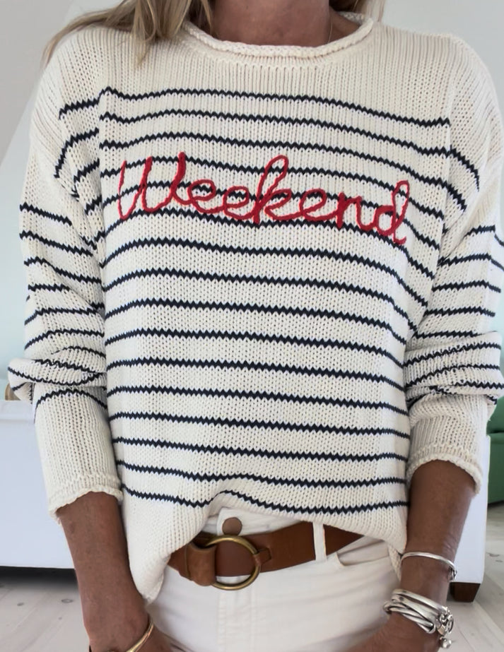 CHLOE CREAM WEEKEND EMBROIDERED STRIPE SWEATER