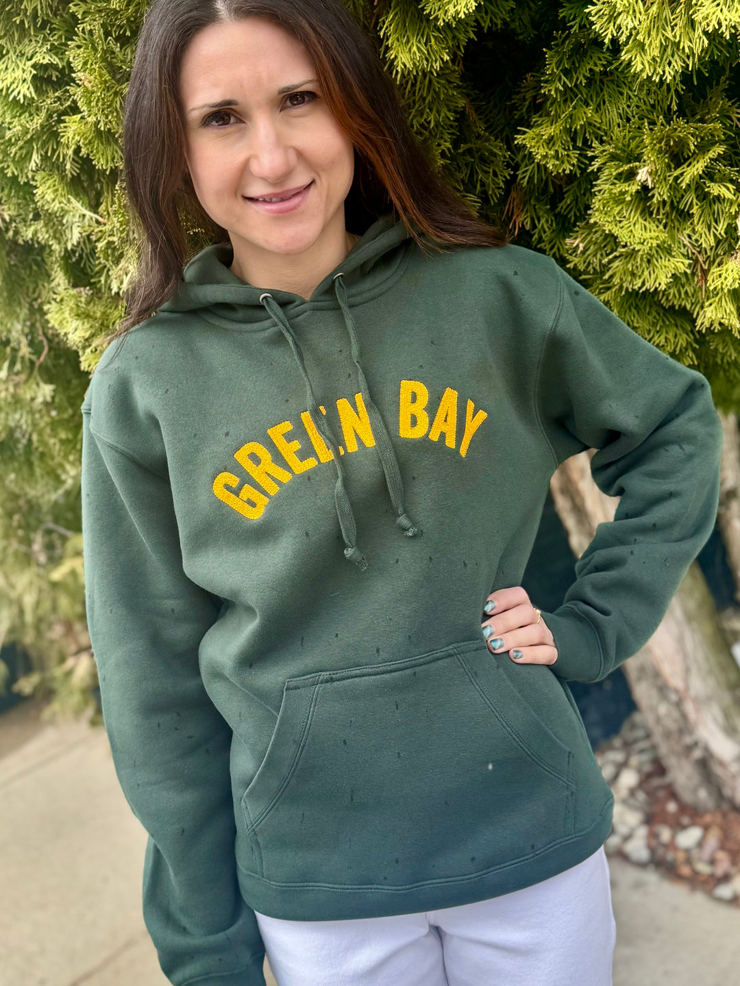 GREEN BAY CLASSIC GREEN BOUCLE EMBROIDERED HOODIE