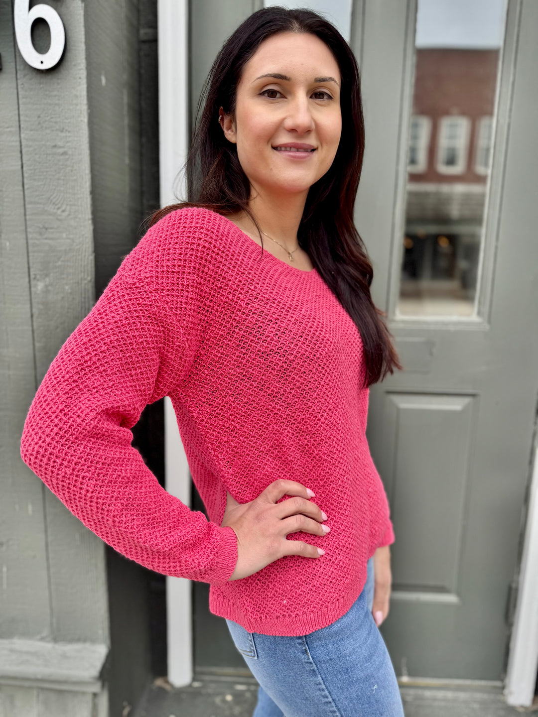 MIDGE CORAL BASKET WEAVE CREW SWEATER