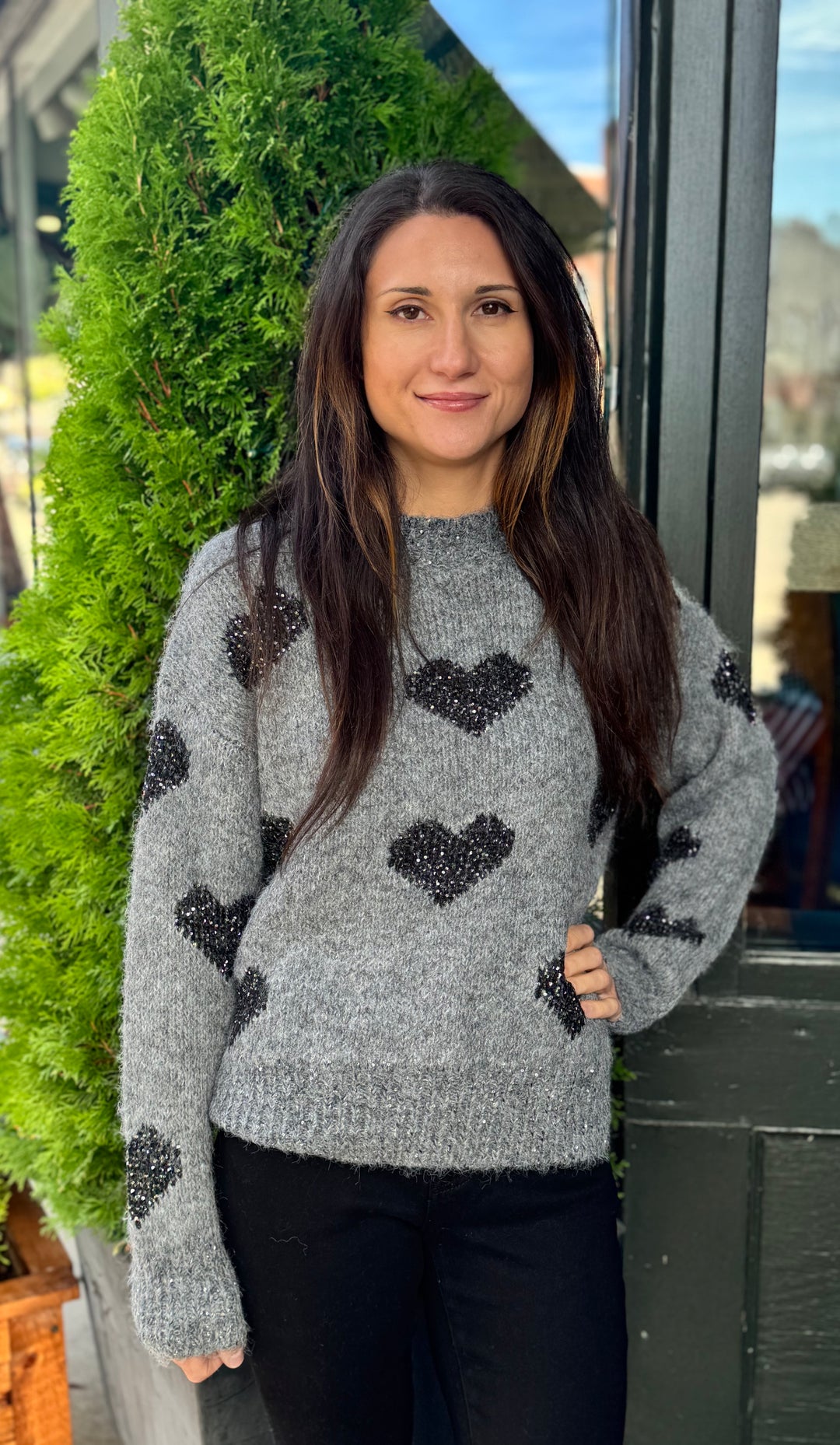 GREY SPARKLE HEART COZY SWEATER