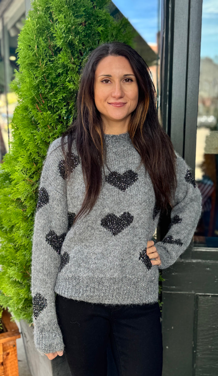 GREY SPARKLE HEART COZY SWEATER