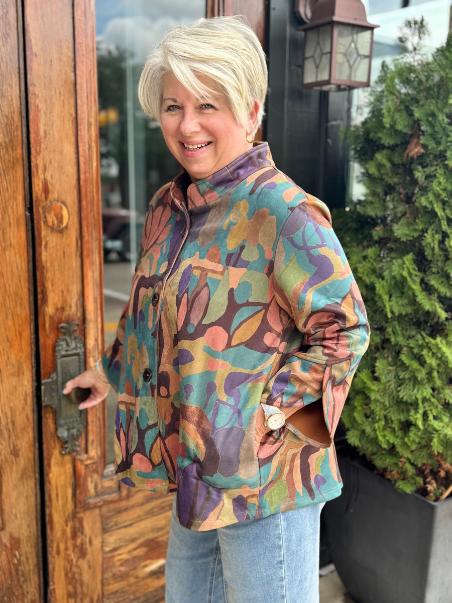 3 BUTTON FAUX SUEDE PRINT JACKET
