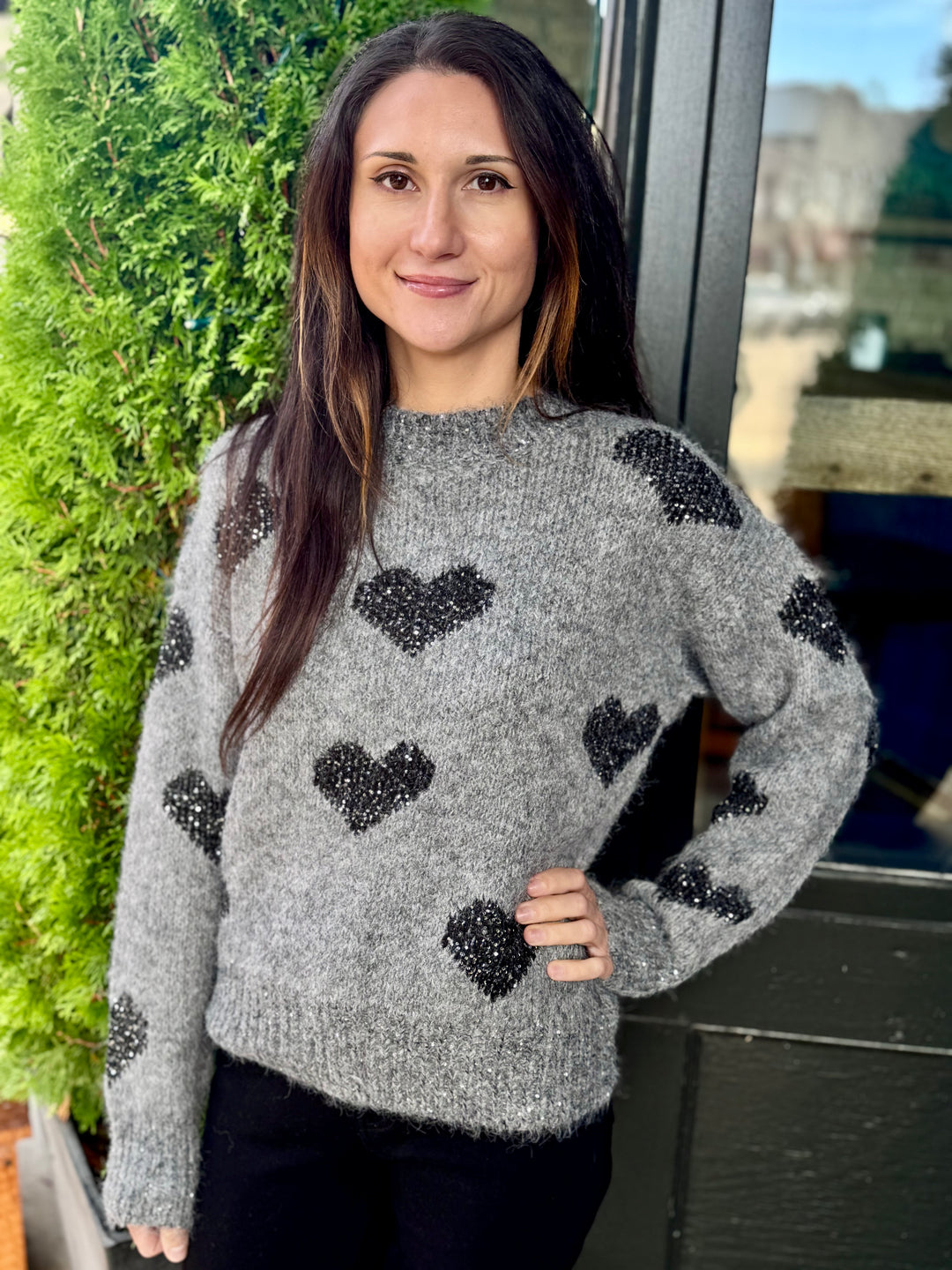 GREY SPARKLE HEART COZY SWEATER