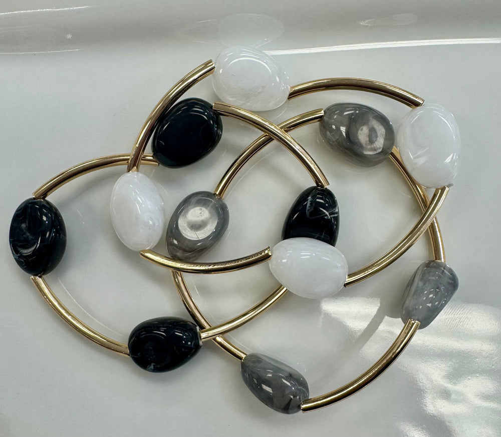 ONYX & GOLD ELASTIC BEADED BRACELET SET
