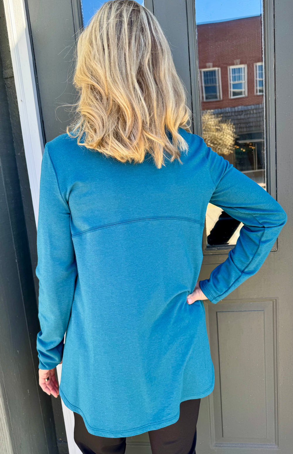 CLAIRE TEAL LUXE COWL TUNIC TOP
