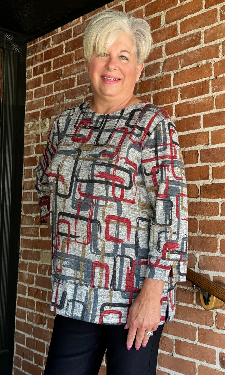 PATRICE GREY & BLACK WAFFLE BOX PRINT TOP
