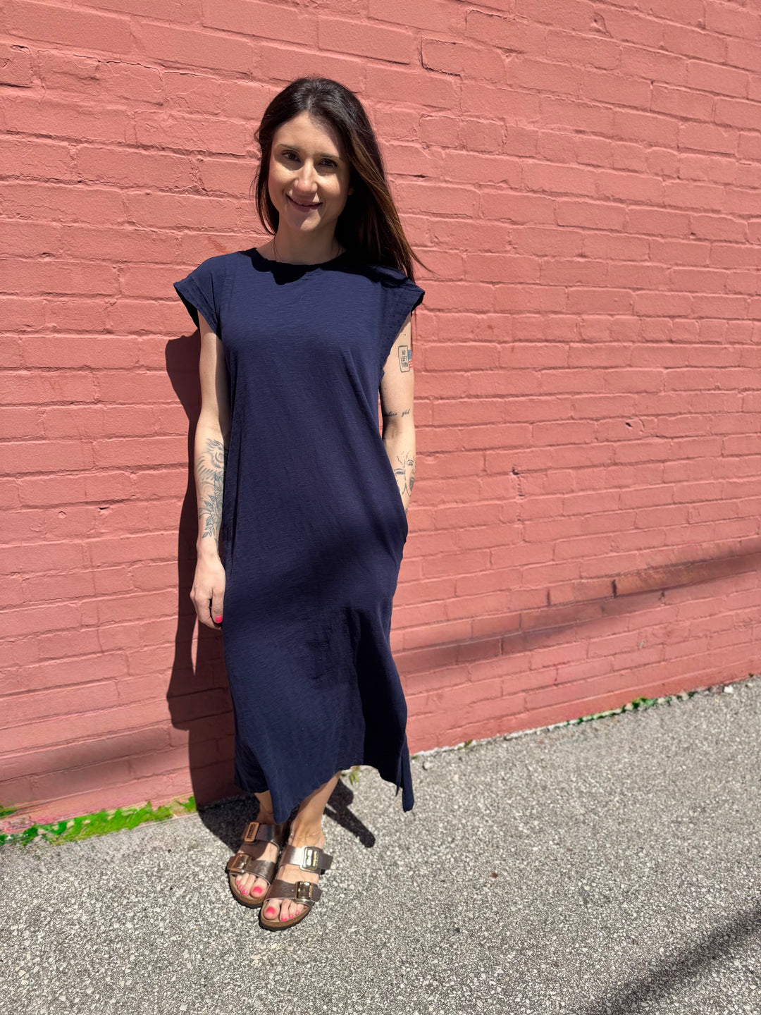 VIBRANT NAVY CAP SLEEVE COLUMN DRESS