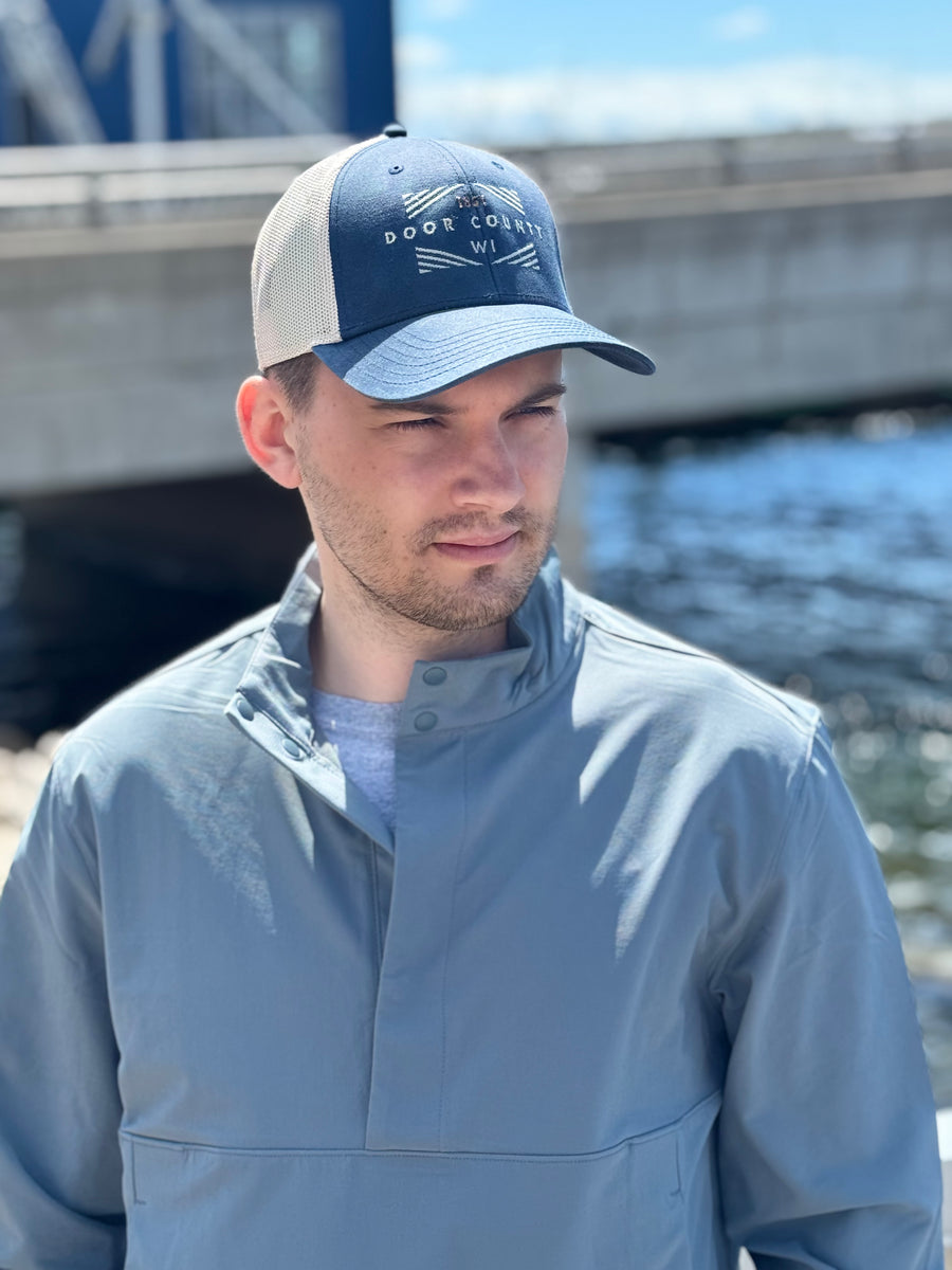 STEEL BLUE DOOR COUNTY DIAMOND BOX EMBROIDERED TRUCKER HAT
