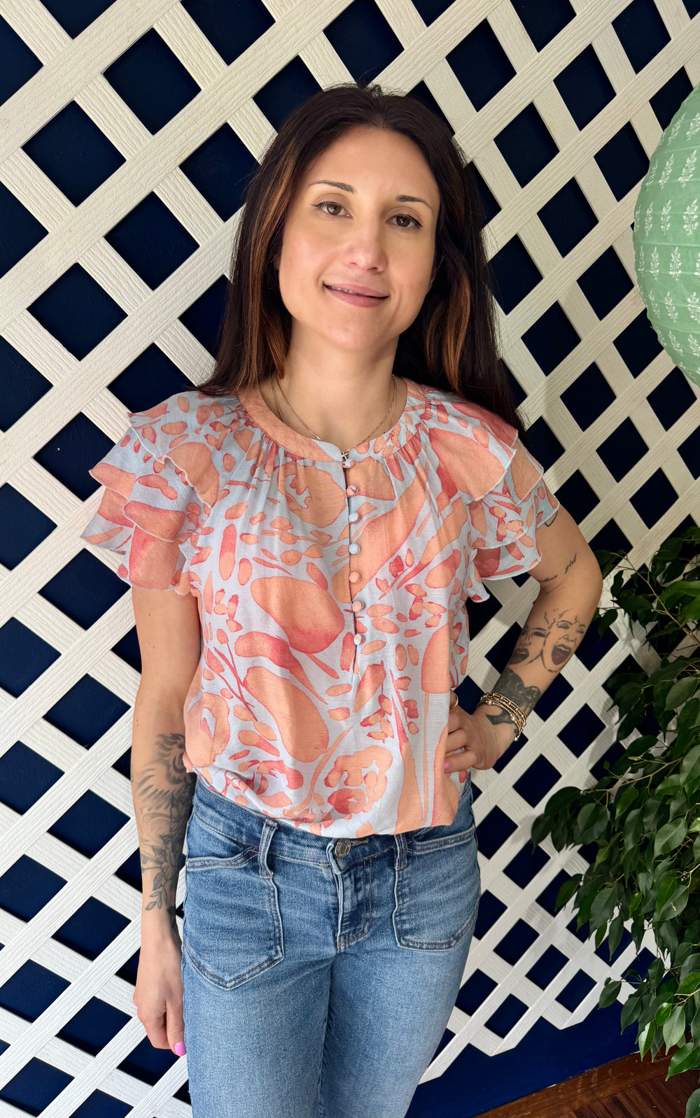 JONI ICE WATER BLOOMING DAHLIAS SHORT SLEEVE TOP
