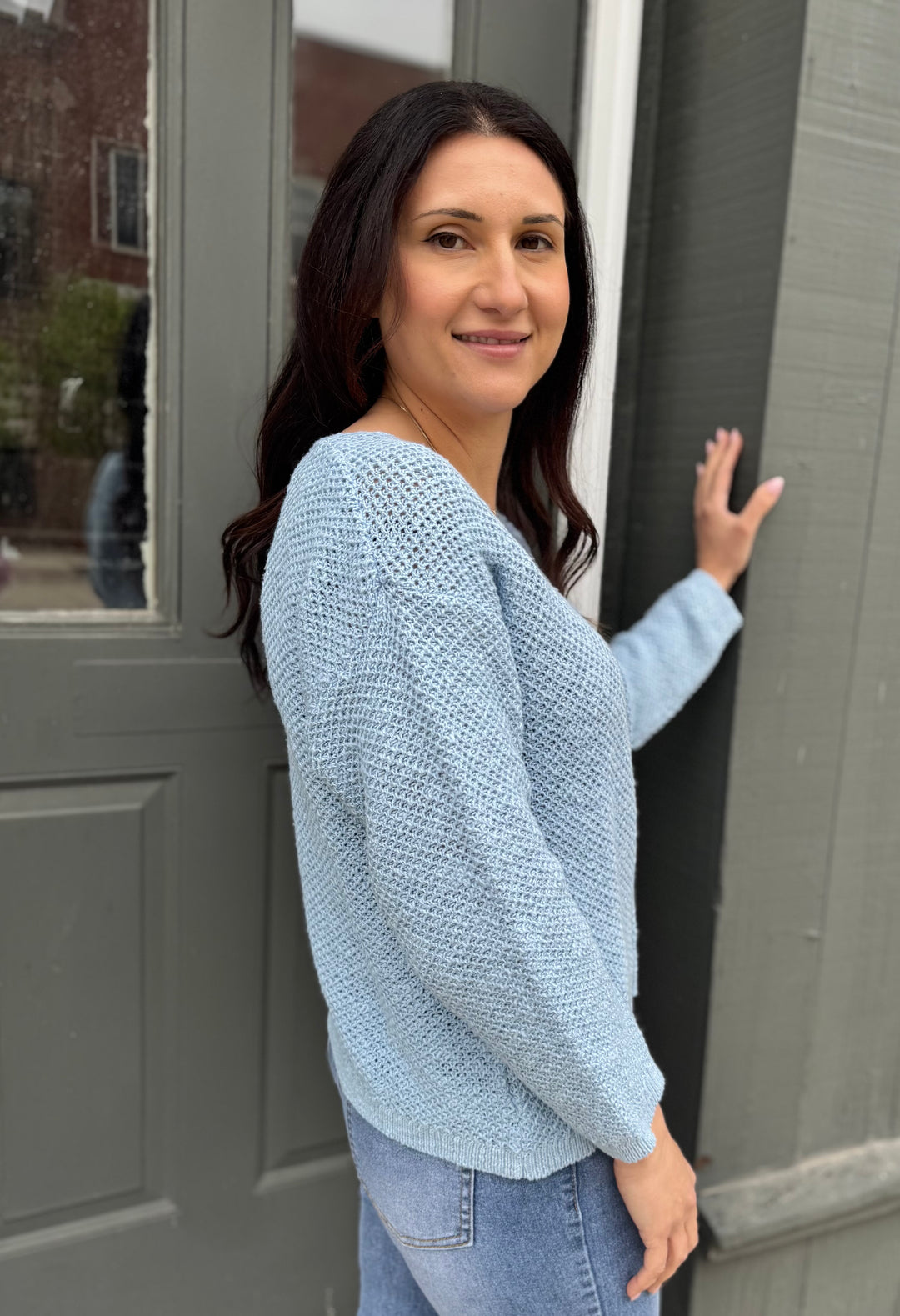 MIDGE  SKY BASKET WEAVE CREW SWEATER