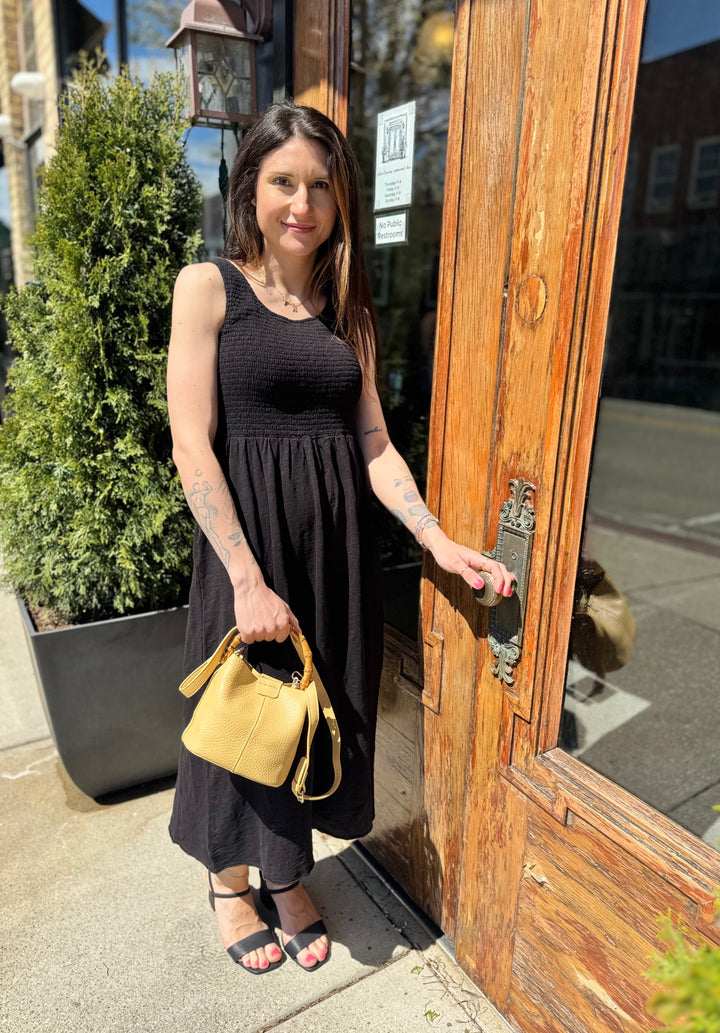 BLACK SMOCKED MIDI TANK DRESS