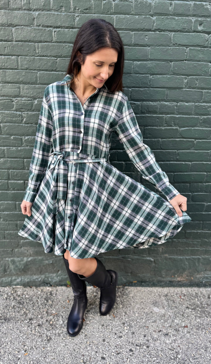 CASSIE EVERGREEN PLAID FLARE SHIRT DRESS