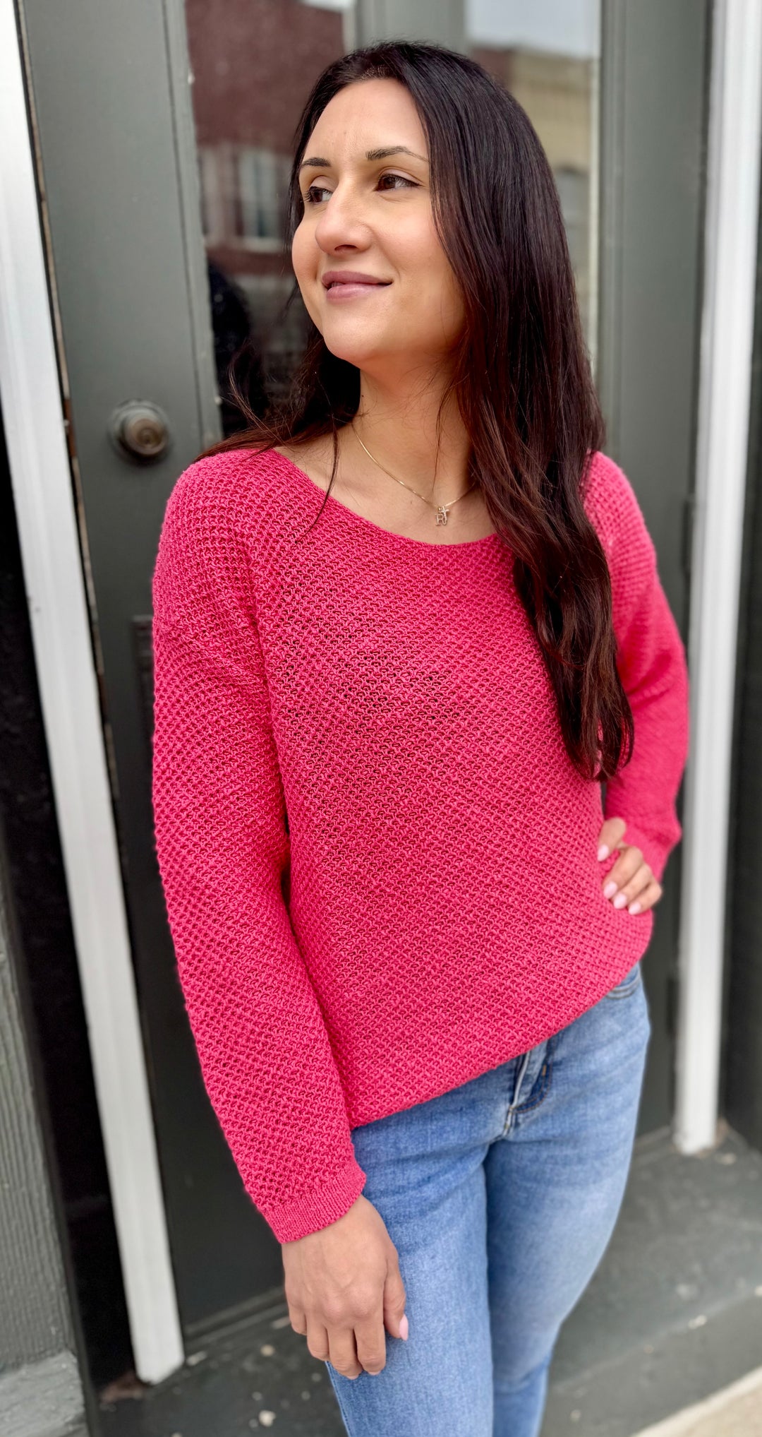 MIDGE CORAL BASKET WEAVE CREW SWEATER
