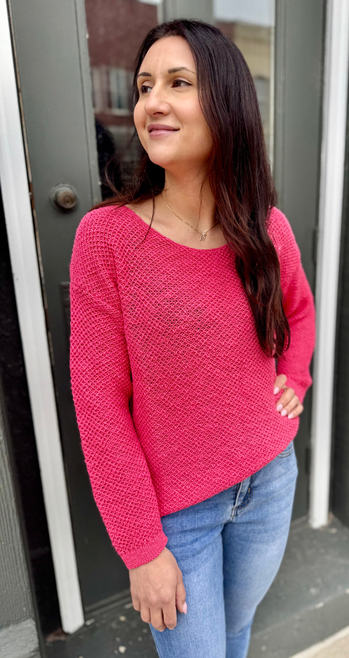 MIDGE CORAL BASKET WEAVE CREW SWEATER