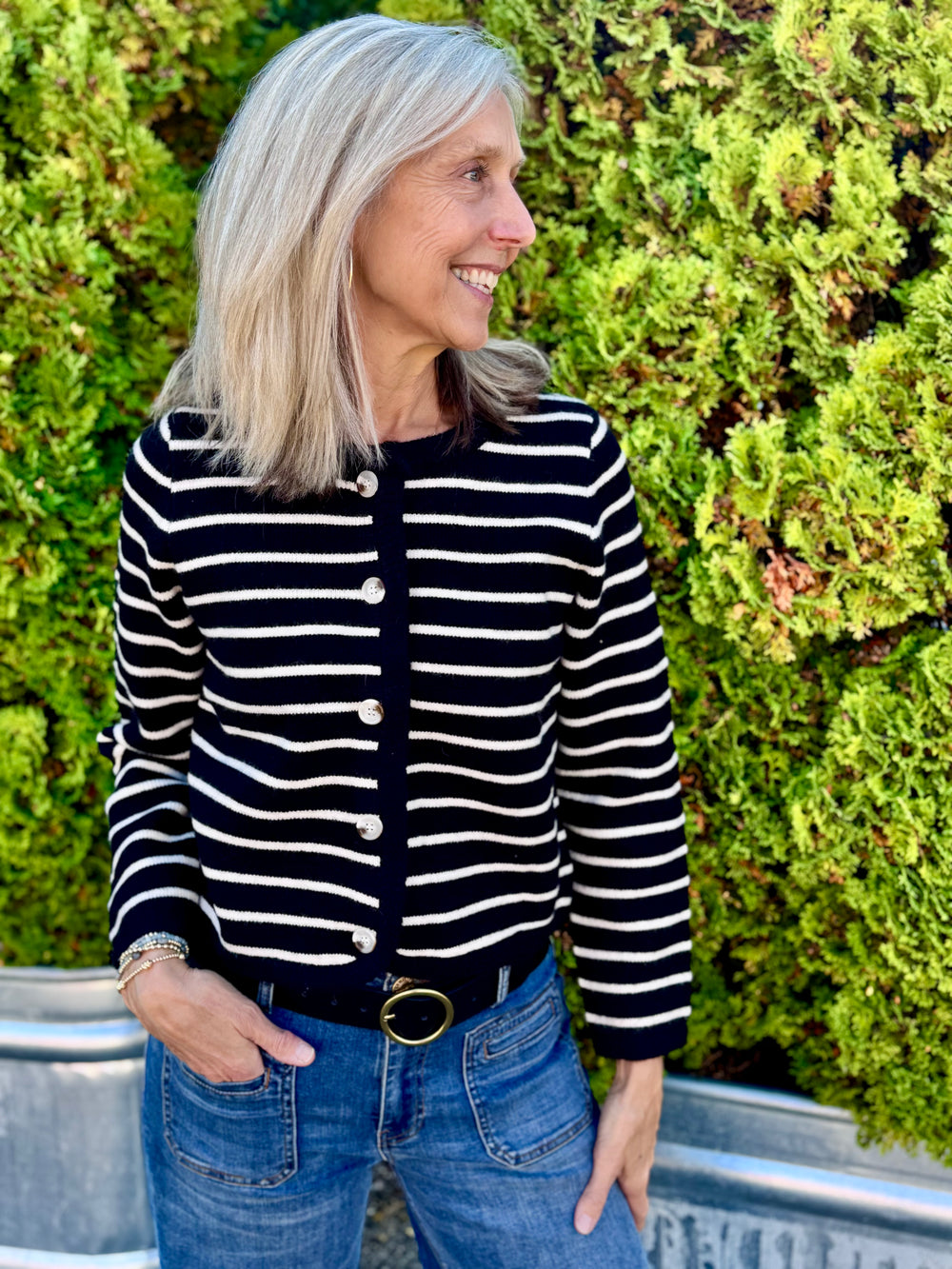 BLACK CHASTAIN STRIPE CARDIGAN SWEATER
