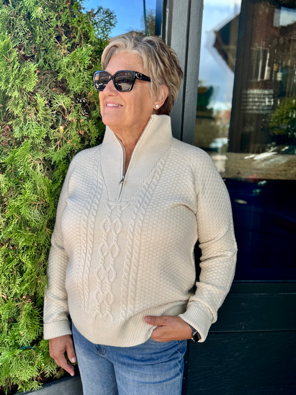 IVORY CABLE KNIT ZIP NECK SWEATER
