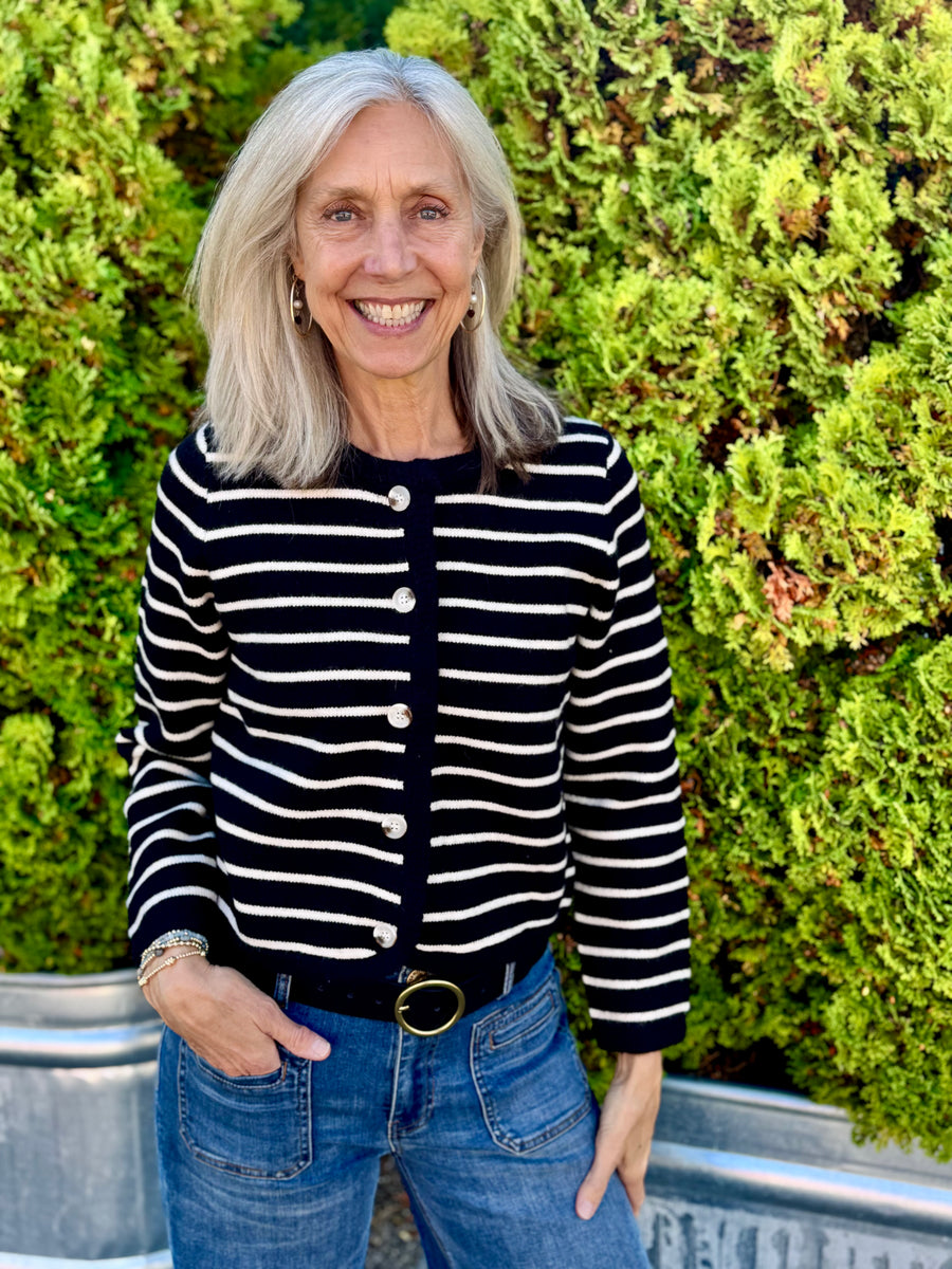 BLACK CHASTAIN STRIPE CARDIGAN SWEATER
