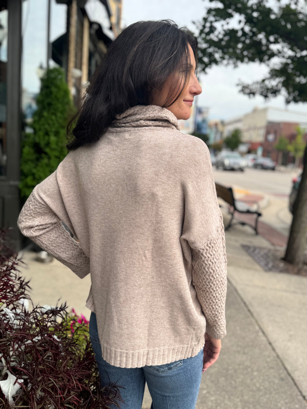 OATMEAL TEXTURED KNIT COWL NECK SWEATER
