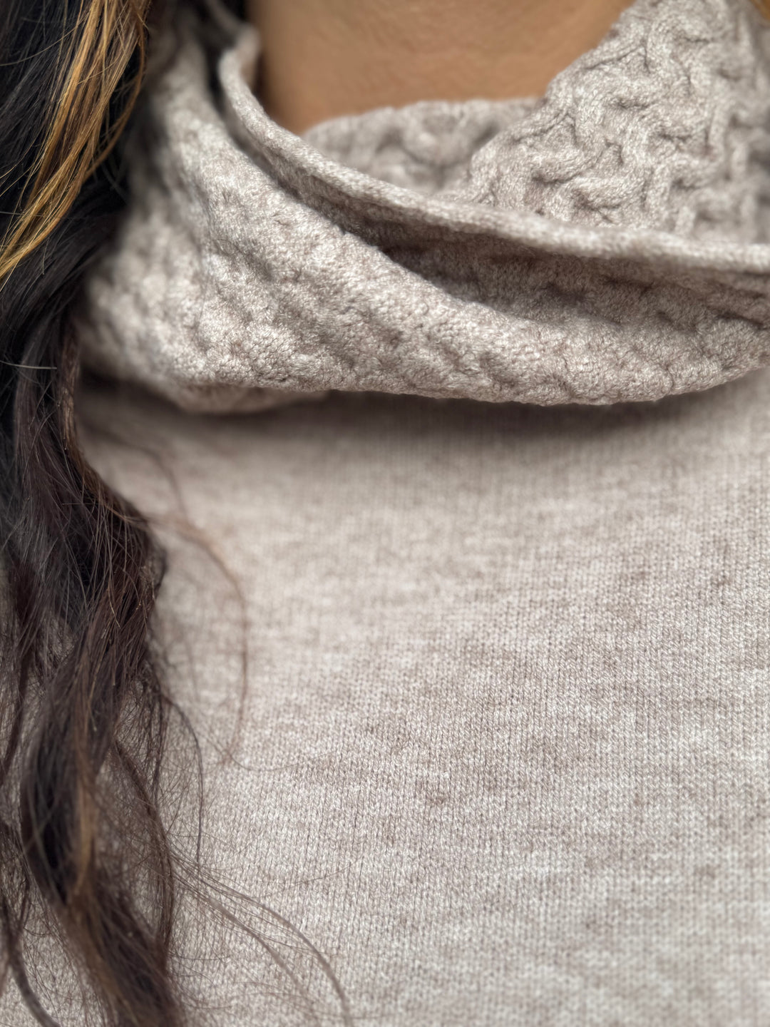 OATMEAL TEXTURED KNIT COWL NECK SWEATER