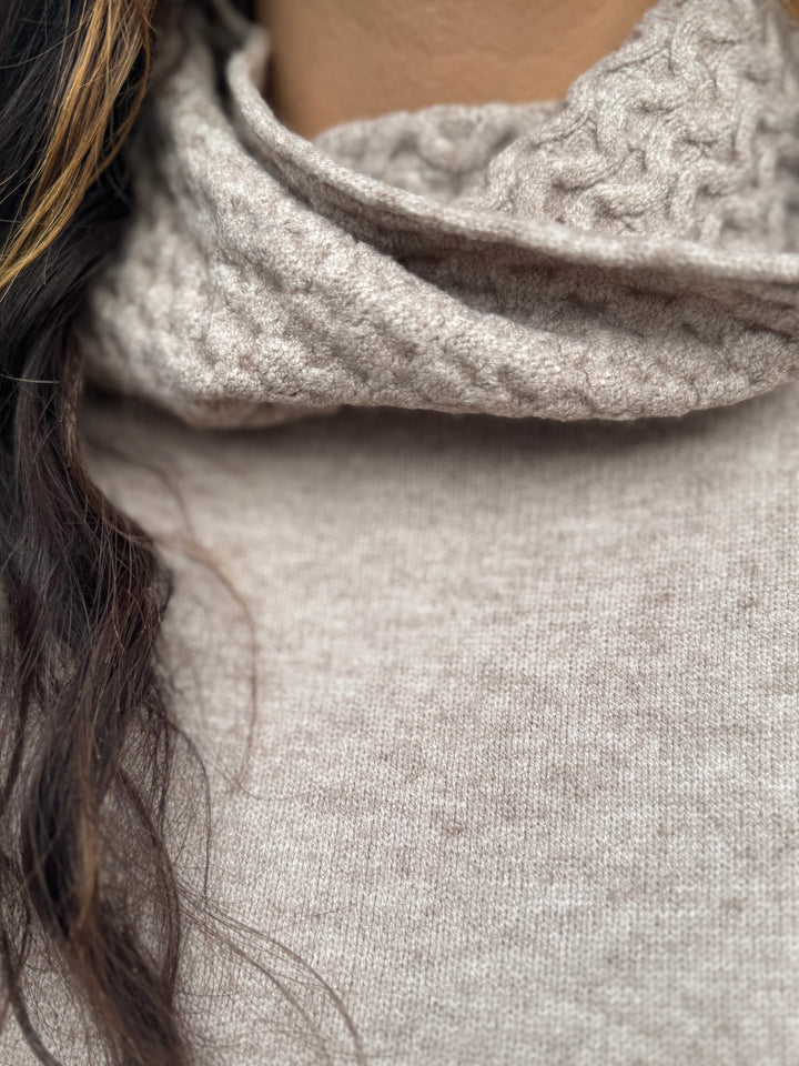 OATMEAL TEXTURED KNIT COWL NECK SWEATER