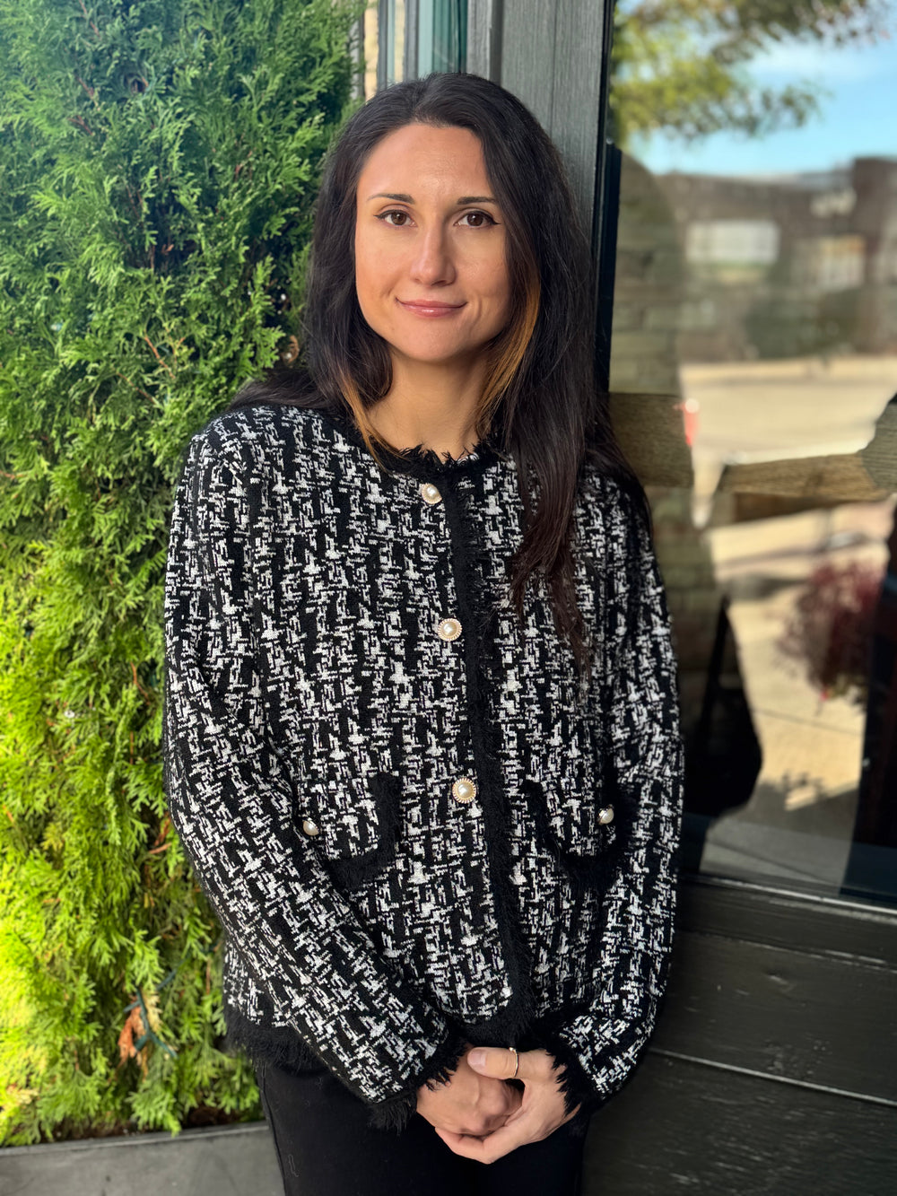 BLACK HOUNDSTOOTH SWEATER JACKET
