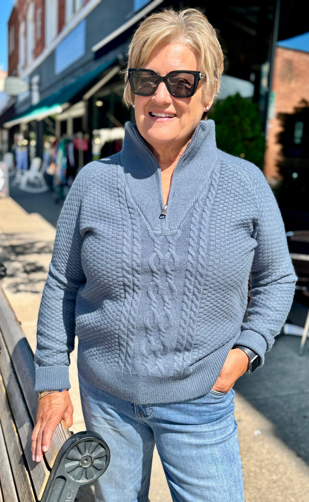 STEEL BLUE CABLE KNIT ZIP NECK SWEATER